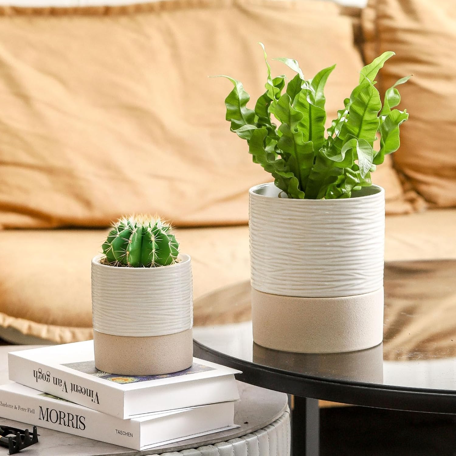 Nihow 4 INCH FLOWER POT TALL Cream White & Brown